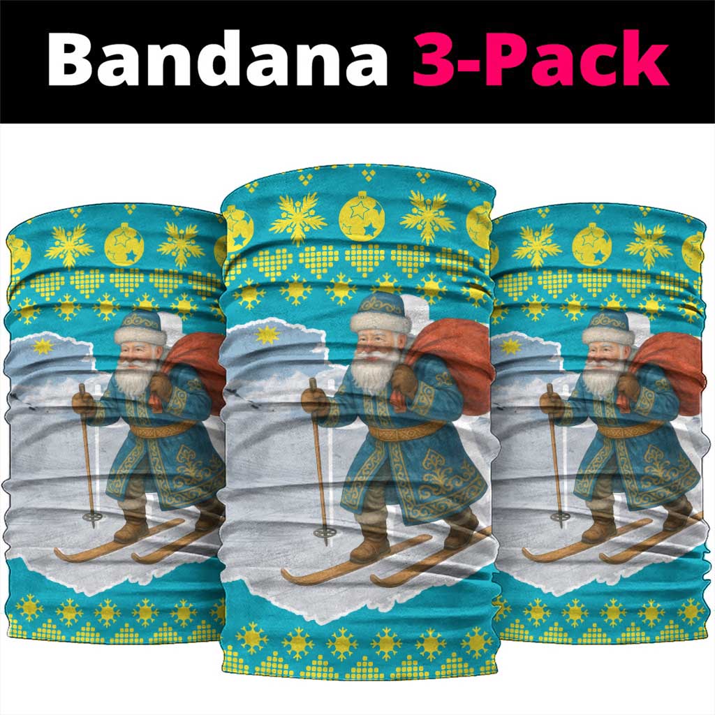 Kazakhstan Christmas Neck Gaiter with Santa Skiing in Traditional Outfit Snow Mountain and Sun Pattern - Wonder Print Shop