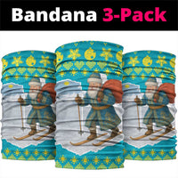 Kazakhstan Christmas Neck Gaiter with Santa Skiing in Traditional Outfit Snow Mountain and Sun Pattern - Wonder Print Shop