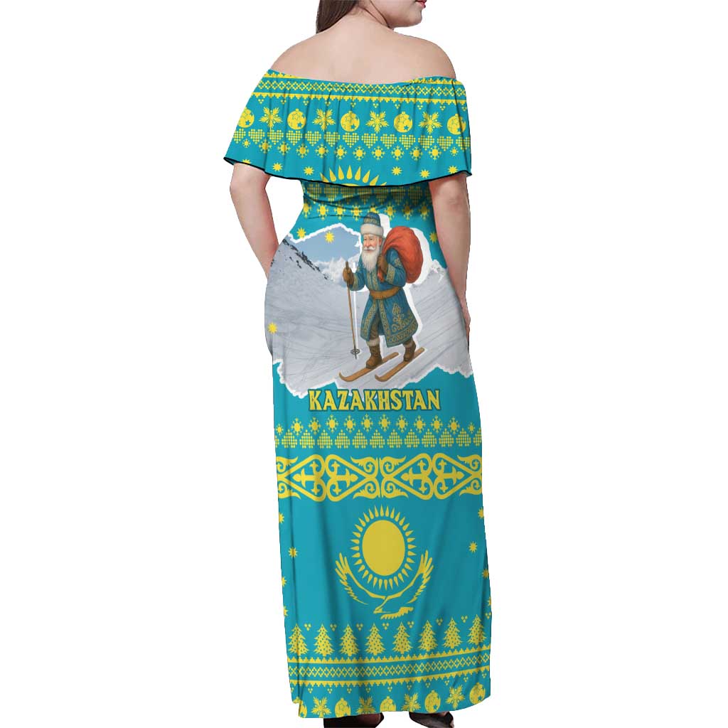 Kazakhstan Christmas Off Shoulder Maxi Dress with Santa Skiing in Traditional Outfit Snow Mountain and Sun Pattern - Wonder Print Shop