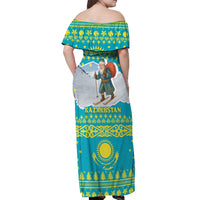 Kazakhstan Christmas Off Shoulder Maxi Dress with Santa Skiing in Traditional Outfit Snow Mountain and Sun Pattern - Wonder Print Shop