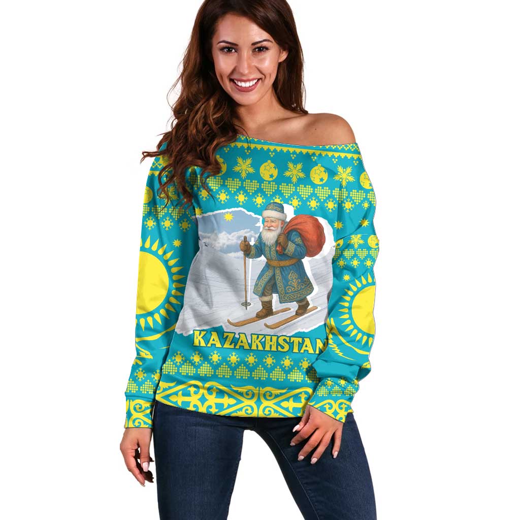 Kazakhstan Christmas Off Shoulder Sweater with Santa Skiing in Traditional Outfit Snow Mountain and Sun Pattern - Wonder Print Shop