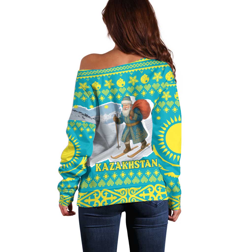 Kazakhstan Christmas Off Shoulder Sweater with Santa Skiing in Traditional Outfit Snow Mountain and Sun Pattern - Wonder Print Shop
