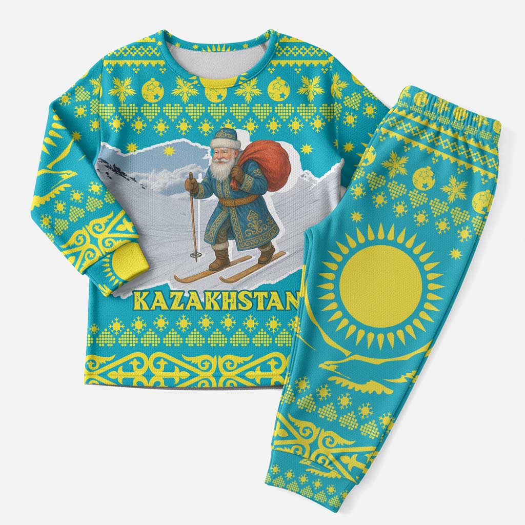 Kazakhstan Christmas Pajama Set with Santa Skiing in Traditional Outfit Snow Mountain and Sun Pattern - Wonder Print Shop