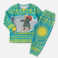 Kazakhstan Christmas Pajama Set with Santa Skiing in Traditional Outfit Snow Mountain and Sun Pattern - Wonder Print Shop