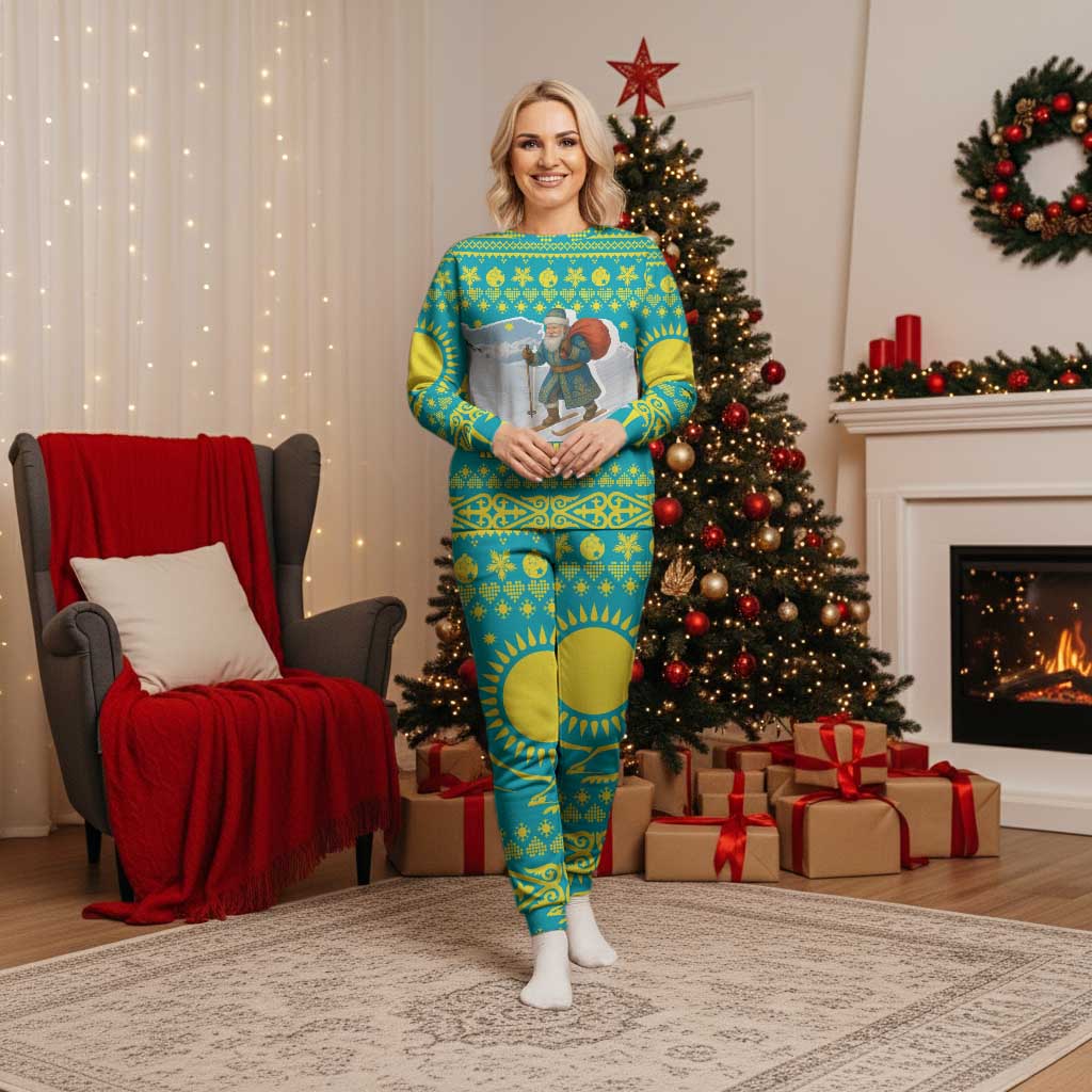Kazakhstan Christmas Pajama Set with Santa Skiing in Traditional Outfit Snow Mountain and Sun Pattern - Wonder Print Shop