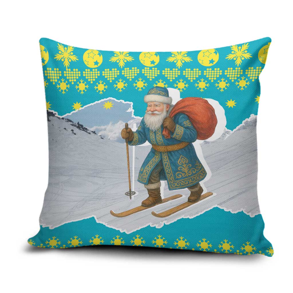 Kazakhstan Christmas Pillow Cover with Santa Skiing in Traditional Outfit Snow Mountain and Sun Pattern - Wonder Print Shop