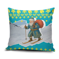 Kazakhstan Christmas Pillow Cover with Santa Skiing in Traditional Outfit Snow Mountain and Sun Pattern - Wonder Print Shop