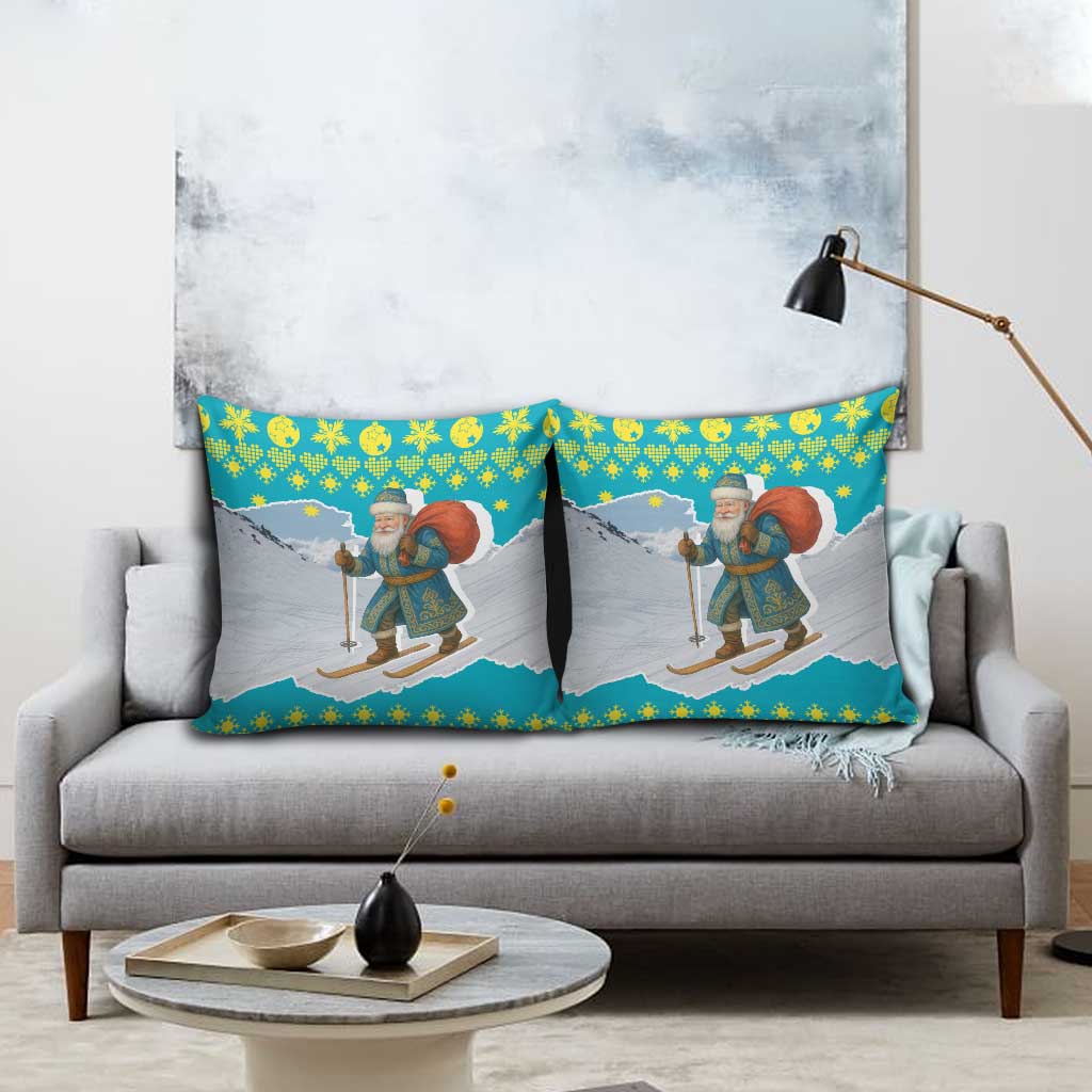 Kazakhstan Christmas Pillow Cover with Santa Skiing in Traditional Outfit Snow Mountain and Sun Pattern - Wonder Print Shop