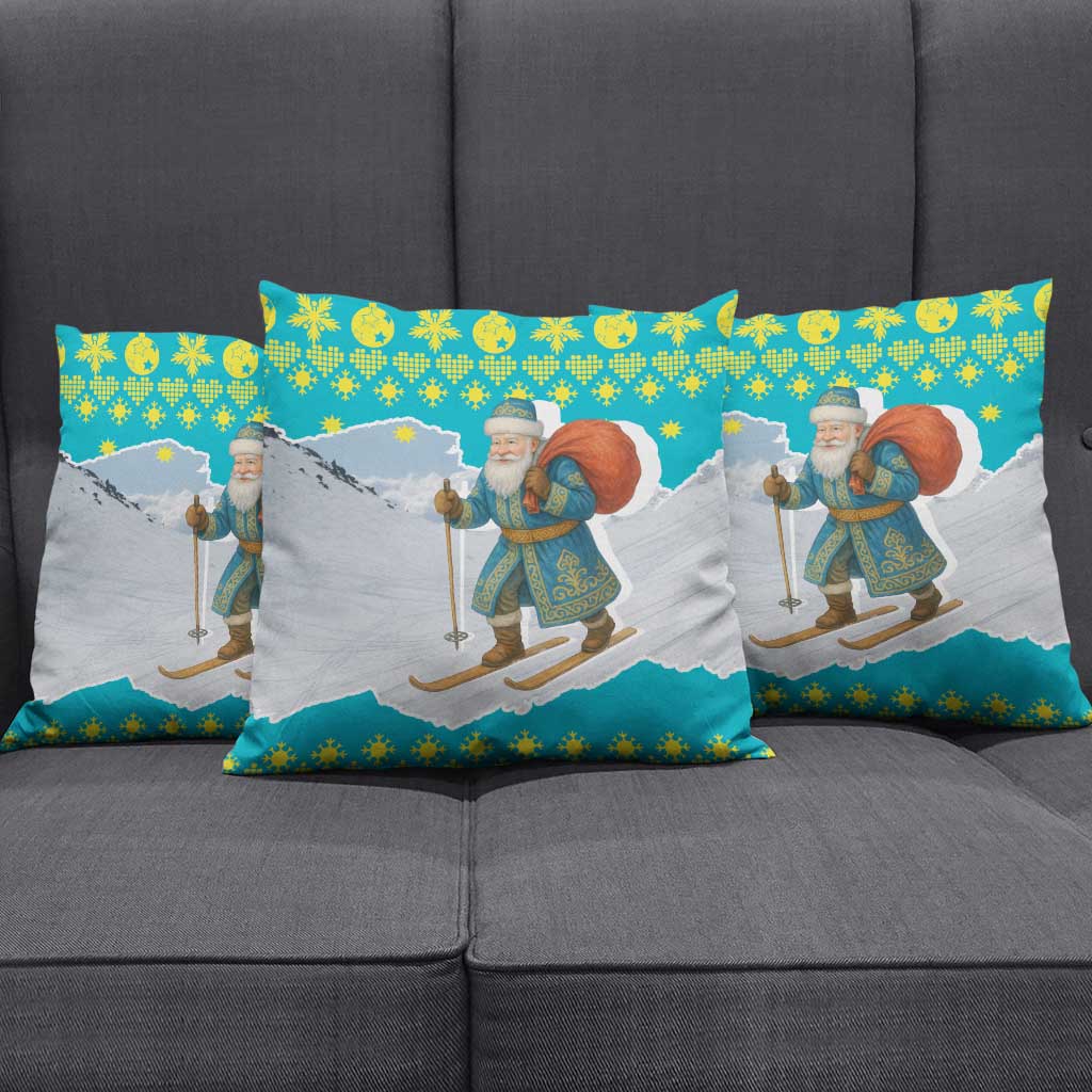 Kazakhstan Christmas Pillow Cover with Santa Skiing in Traditional Outfit Snow Mountain and Sun Pattern - Wonder Print Shop