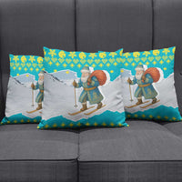 Kazakhstan Christmas Pillow Cover with Santa Skiing in Traditional Outfit Snow Mountain and Sun Pattern - Wonder Print Shop