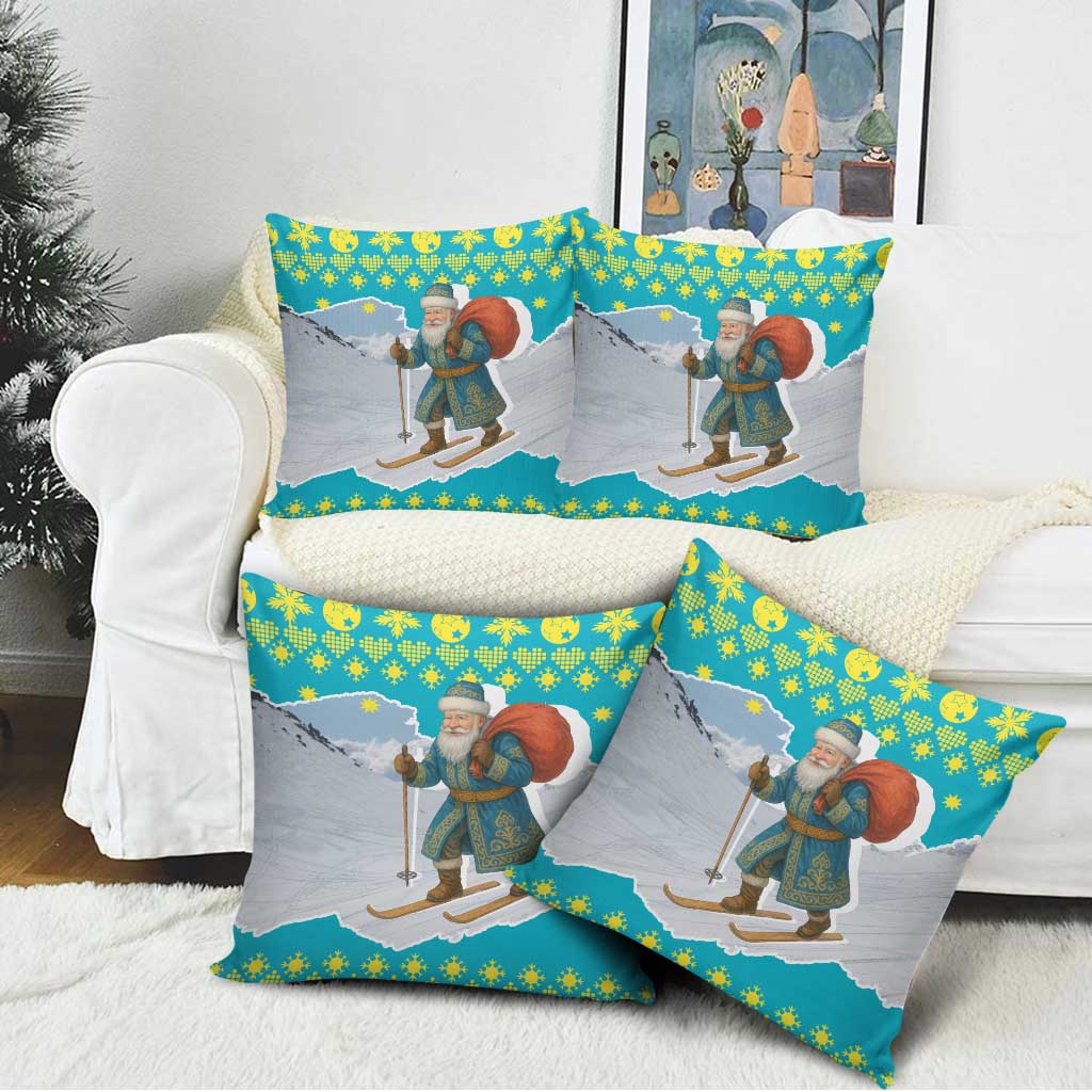 Kazakhstan Christmas Pillow Cover with Santa Skiing in Traditional Outfit Snow Mountain and Sun Pattern - Wonder Print Shop