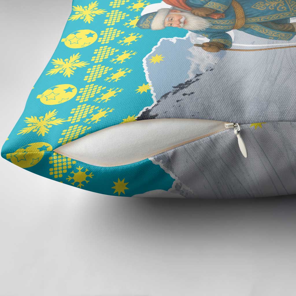 Kazakhstan Christmas Pillow Cover with Santa Skiing in Traditional Outfit Snow Mountain and Sun Pattern - Wonder Print Shop