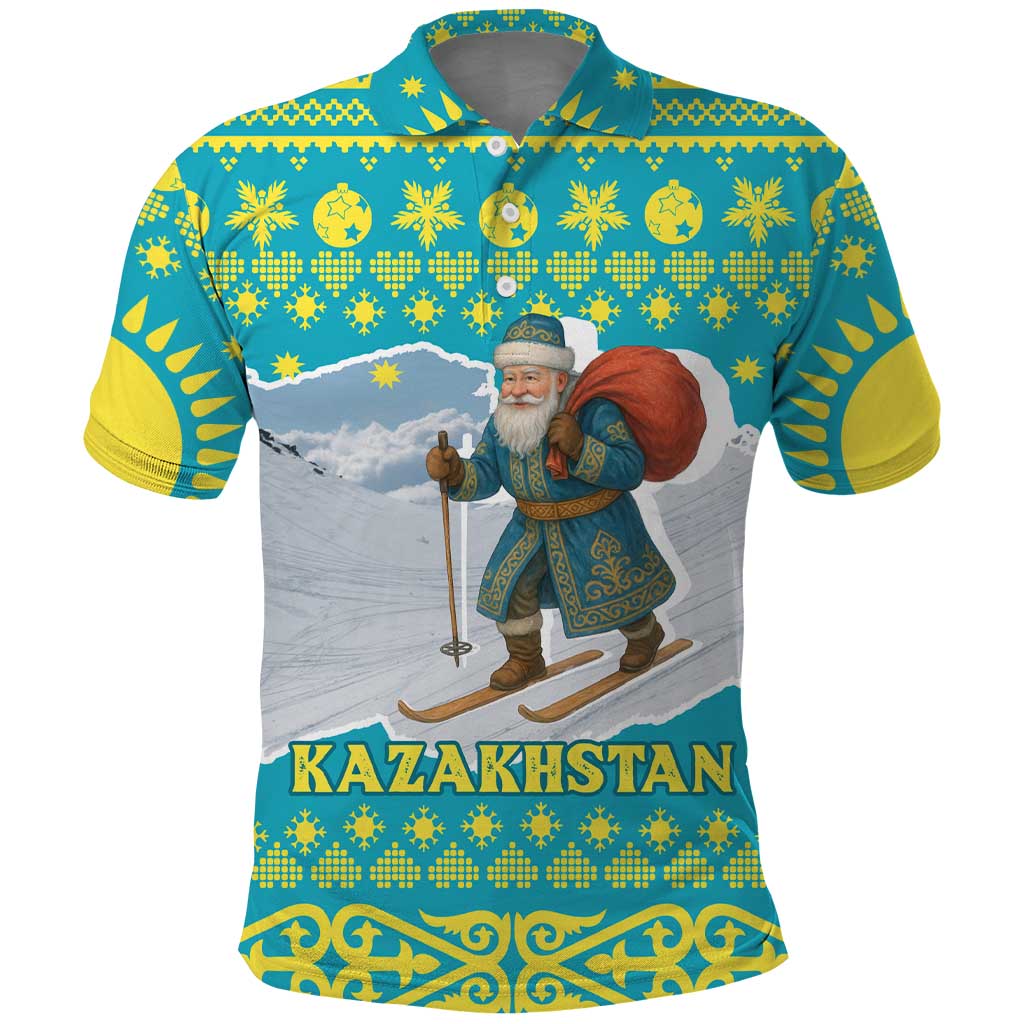 Kazakhstan Christmas Polo Shirt with Santa Skiing in Traditional Outfit Snow Mountain and Sun Pattern - Wonder Print Shop