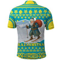 Kazakhstan Christmas Polo Shirt with Santa Skiing in Traditional Outfit Snow Mountain and Sun Pattern - Wonder Print Shop