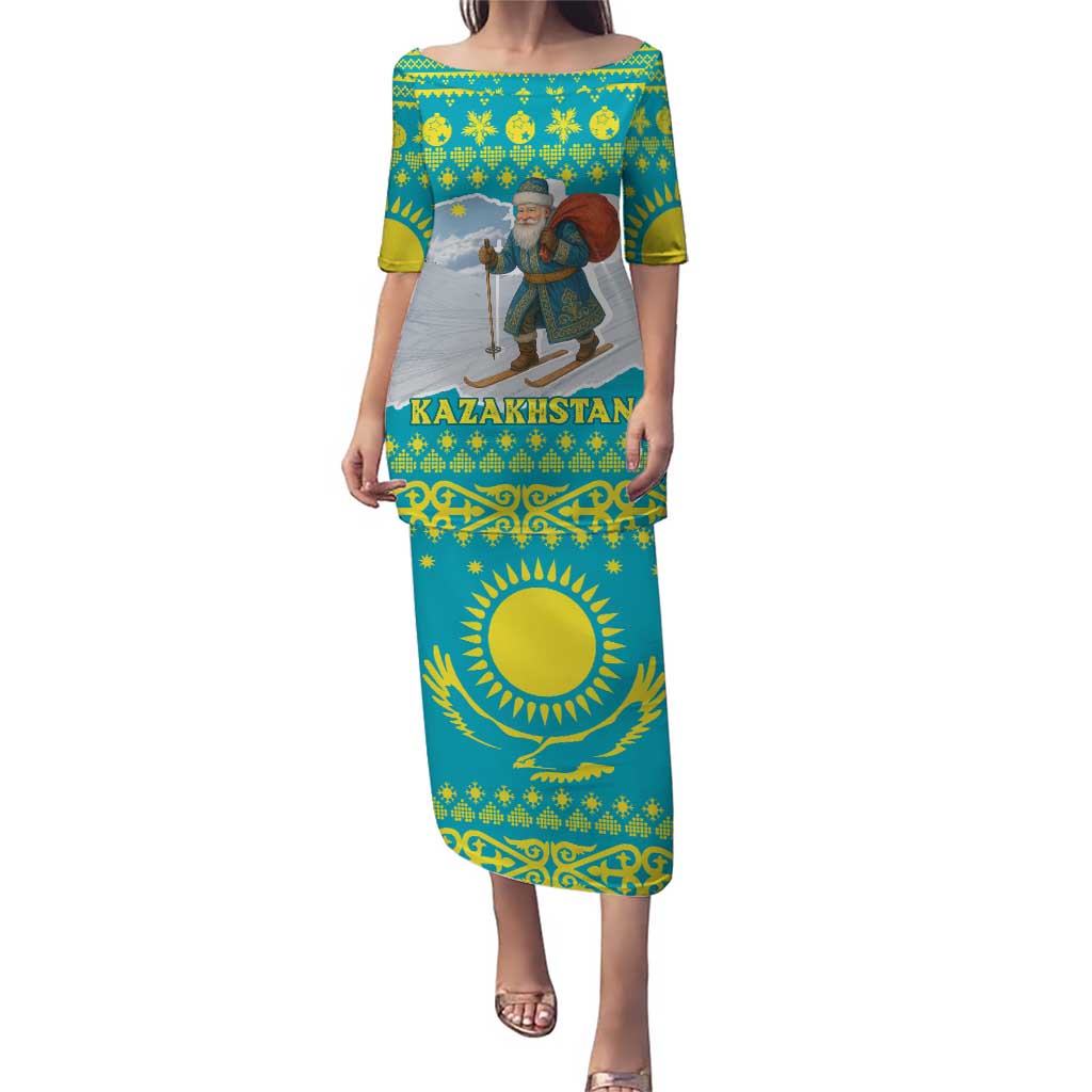 Kazakhstan Christmas Puletasi with Santa Skiing in Traditional Outfit Snow Mountain and Sun Pattern - Wonder Print Shop