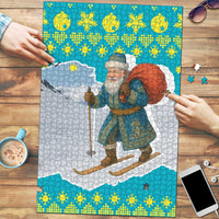 Kazakhstan Christmas Puzzle with Santa Skiing in Traditional Outfit Snow Mountain and Sun Pattern - Wonder Print Shop