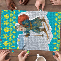 Kazakhstan Christmas Puzzle with Santa Skiing in Traditional Outfit Snow Mountain and Sun Pattern - Wonder Print Shop