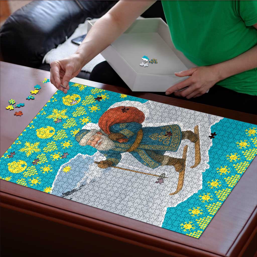 Kazakhstan Christmas Puzzle with Santa Skiing in Traditional Outfit Snow Mountain and Sun Pattern - Wonder Print Shop
