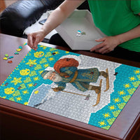 Kazakhstan Christmas Puzzle with Santa Skiing in Traditional Outfit Snow Mountain and Sun Pattern - Wonder Print Shop
