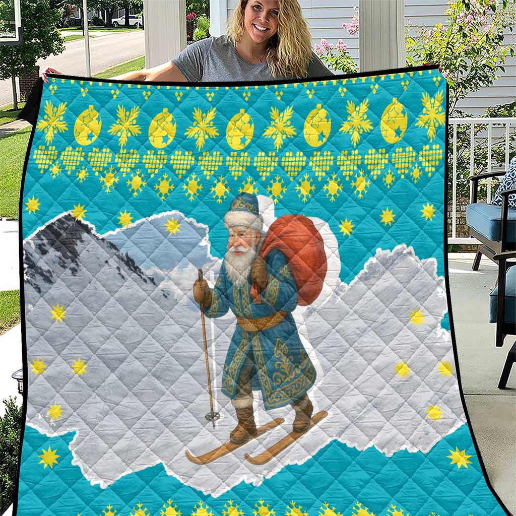 Kazakhstan Christmas Quilt with Santa Skiing in Traditional Outfit Snow Mountain and Sun Pattern - Wonder Print Shop