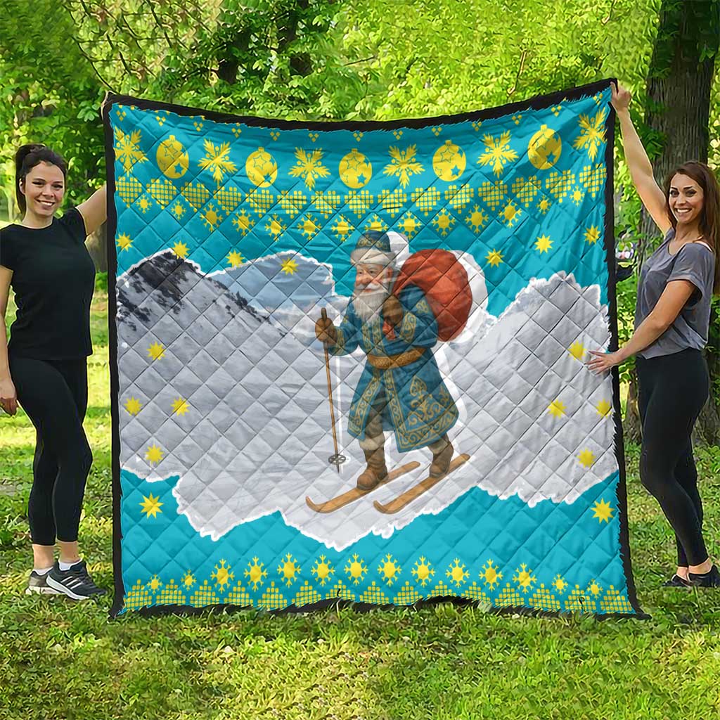 Kazakhstan Christmas Quilt with Santa Skiing in Traditional Outfit Snow Mountain and Sun Pattern - Wonder Print Shop
