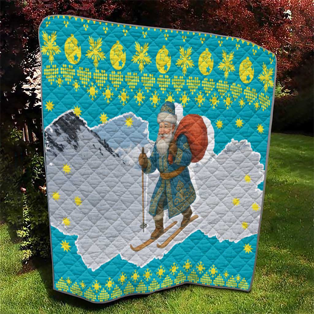 Kazakhstan Christmas Quilt with Santa Skiing in Traditional Outfit Snow Mountain and Sun Pattern - Wonder Print Shop