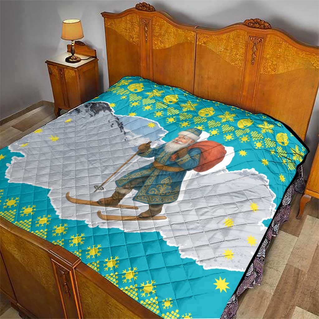 Kazakhstan Christmas Quilt with Santa Skiing in Traditional Outfit Snow Mountain and Sun Pattern - Wonder Print Shop