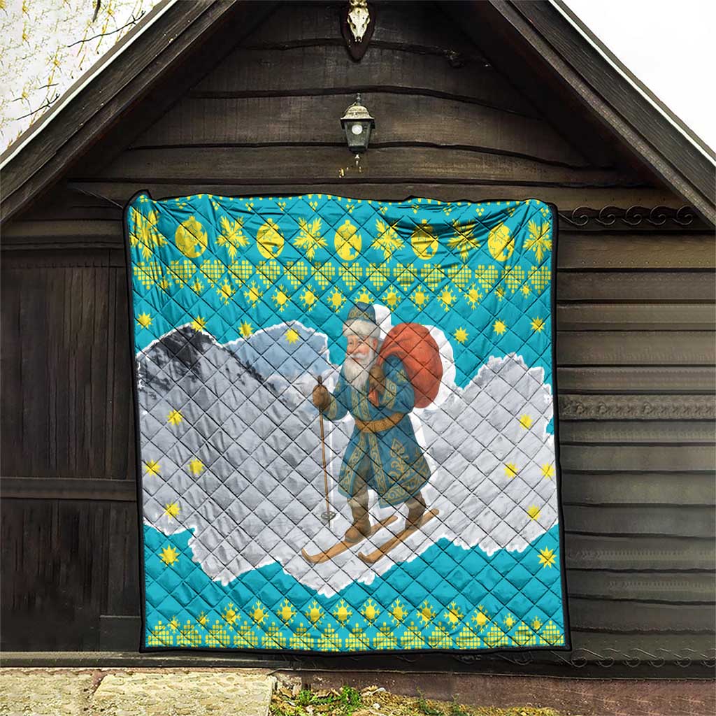 Kazakhstan Christmas Quilt with Santa Skiing in Traditional Outfit Snow Mountain and Sun Pattern - Wonder Print Shop