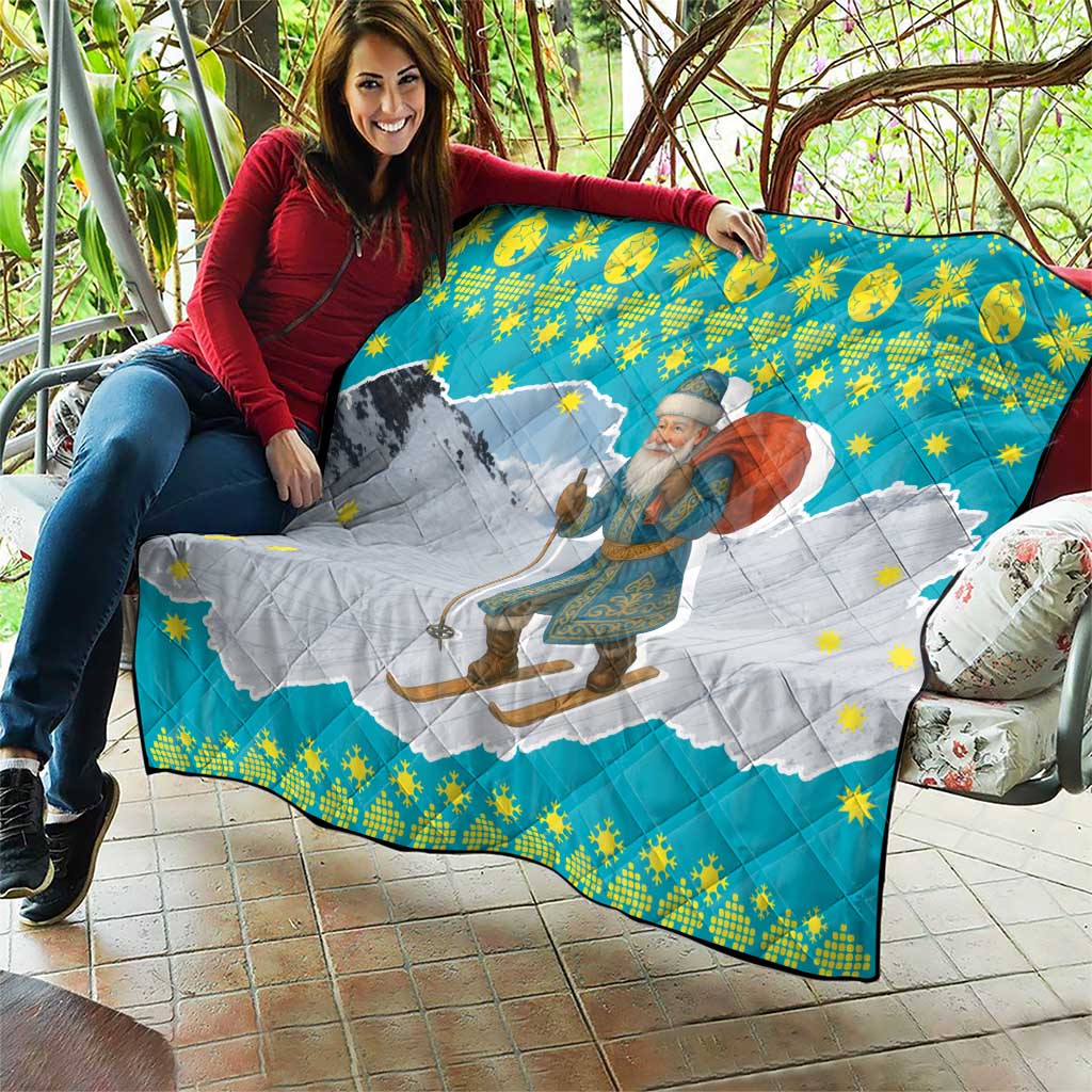 Kazakhstan Christmas Quilt with Santa Skiing in Traditional Outfit Snow Mountain and Sun Pattern - Wonder Print Shop