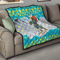 Kazakhstan Christmas Quilt with Santa Skiing in Traditional Outfit Snow Mountain and Sun Pattern - Wonder Print Shop