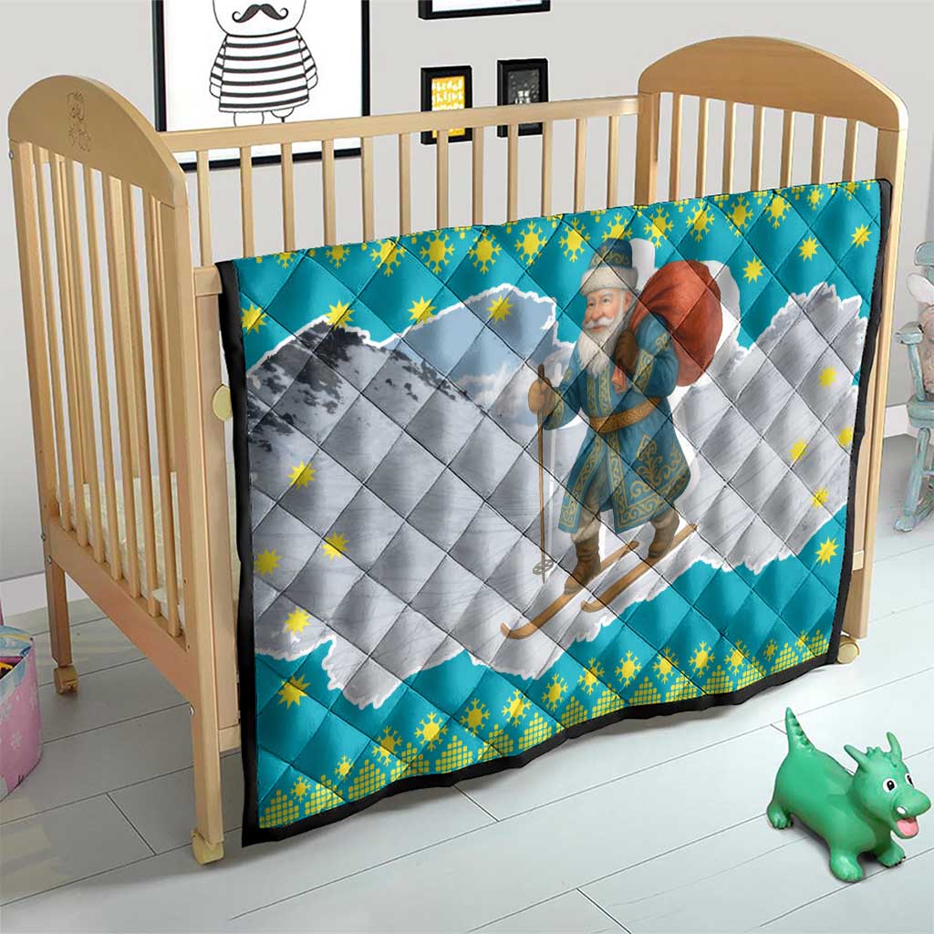 Kazakhstan Christmas Quilt with Santa Skiing in Traditional Outfit Snow Mountain and Sun Pattern - Wonder Print Shop