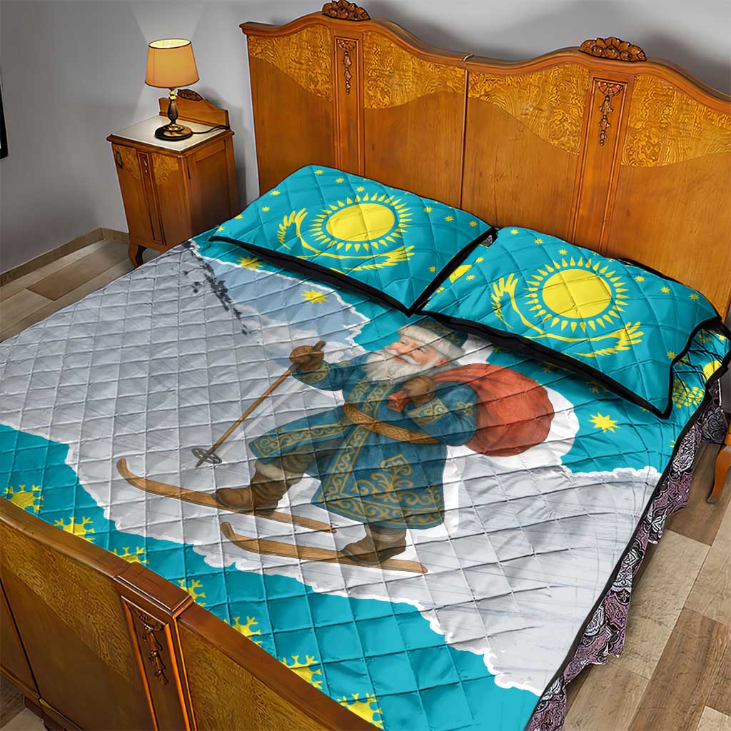 Kazakhstan Christmas Quilt Bed Set with Santa Skiing in Traditional Outfit Snow Mountain and Sun Pattern - Wonder Print Shop
