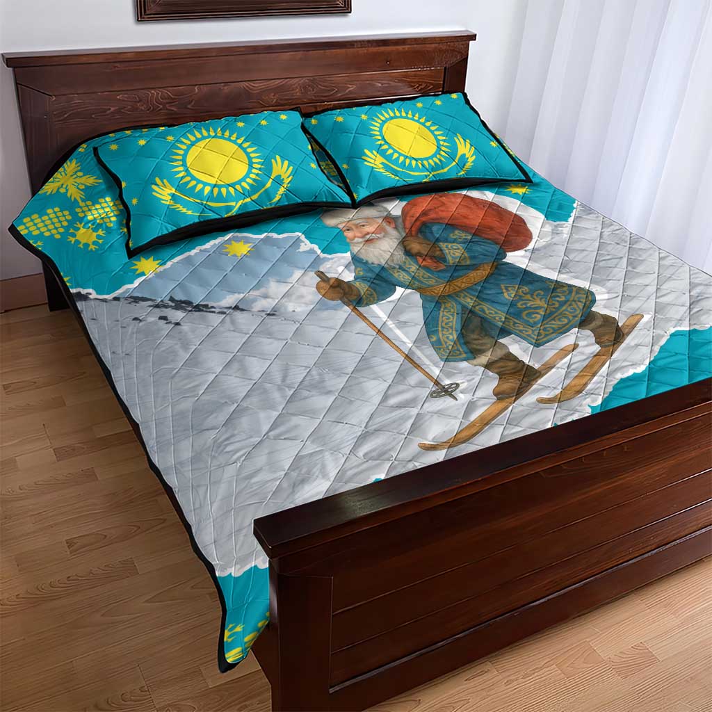 Kazakhstan Christmas Quilt Bed Set with Santa Skiing in Traditional Outfit Snow Mountain and Sun Pattern - Wonder Print Shop