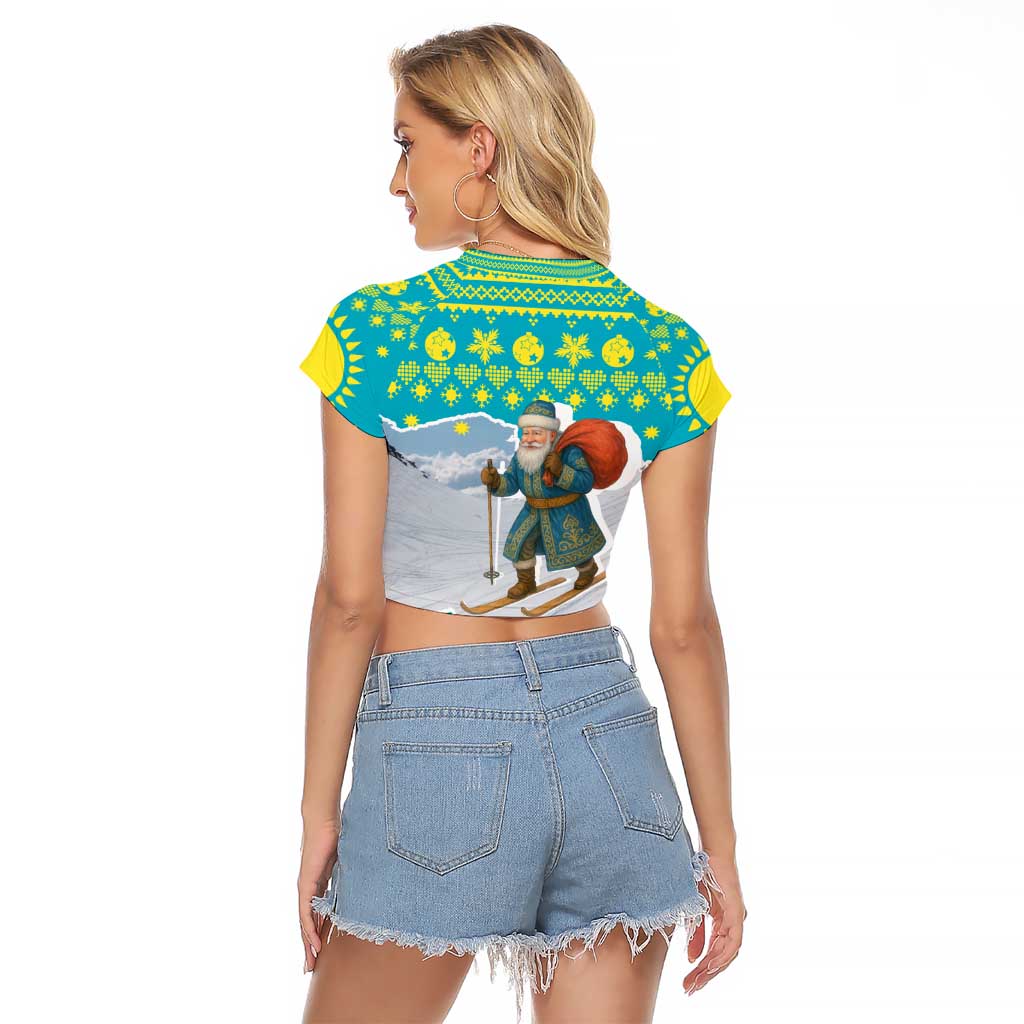 Kazakhstan Christmas Raglan Cropped T Shirt with Santa Skiing in Traditional Outfit Snow Mountain and Sun Pattern - Wonder Print Shop