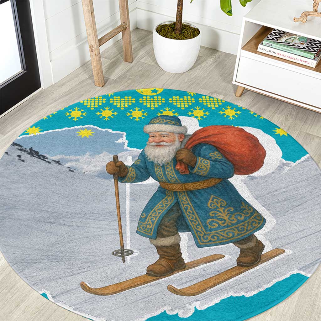 Kazakhstan Christmas Round Carpet with Santa Skiing in Traditional Outfit Snow Mountain and Sun Pattern - Wonder Print Shop
