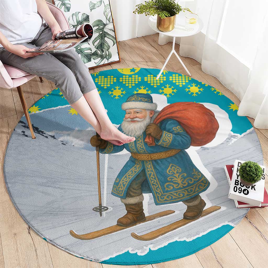 Kazakhstan Christmas Round Carpet with Santa Skiing in Traditional Outfit Snow Mountain and Sun Pattern - Wonder Print Shop