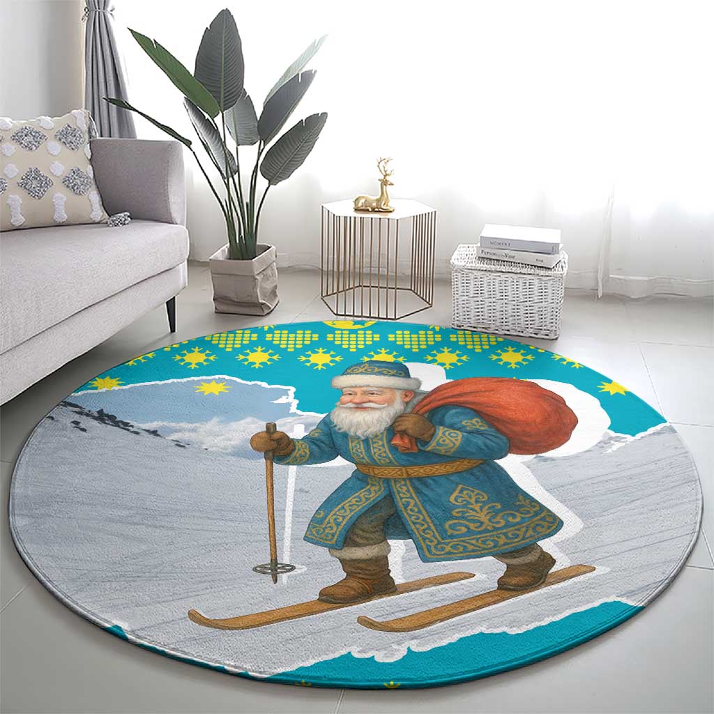 Kazakhstan Christmas Round Carpet with Santa Skiing in Traditional Outfit Snow Mountain and Sun Pattern - Wonder Print Shop
