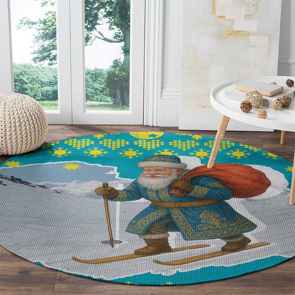 Kazakhstan Christmas Round Carpet with Santa Skiing in Traditional Outfit Snow Mountain and Sun Pattern - Wonder Print Shop