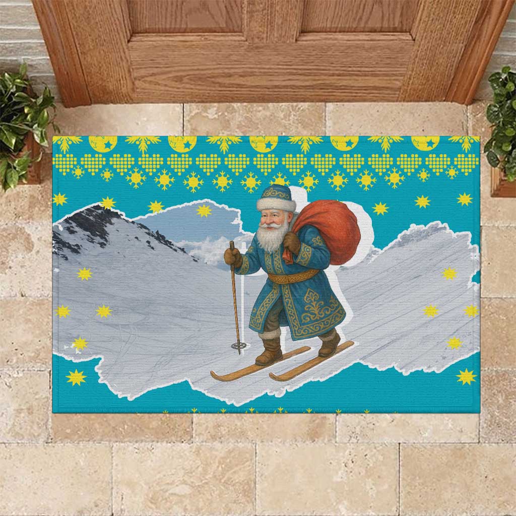 Kazakhstan Christmas Rubber Doormat with Santa Skiing in Traditional Outfit Snow Mountain and Sun Pattern - Wonder Print Shop