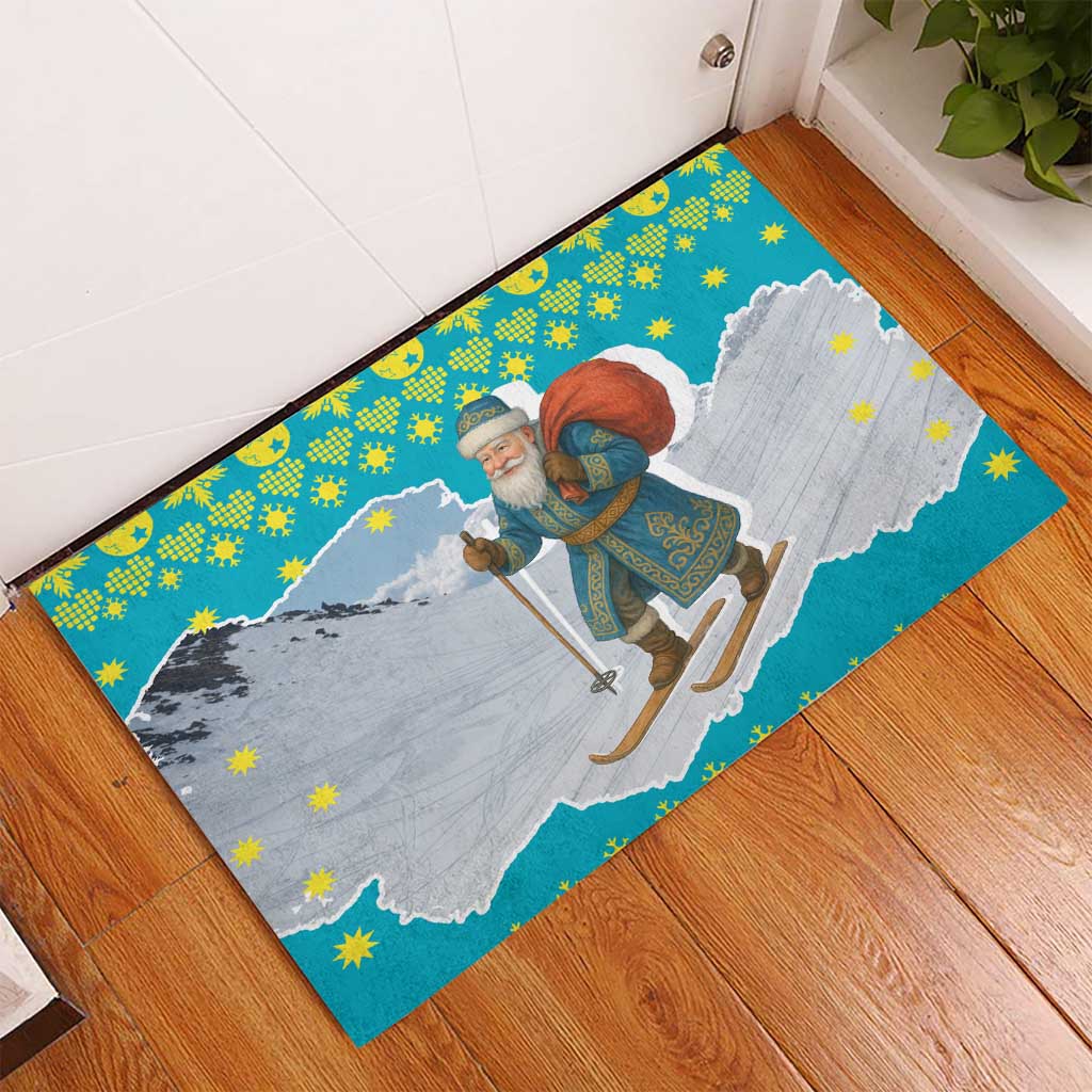 Kazakhstan Christmas Rubber Doormat with Santa Skiing in Traditional Outfit Snow Mountain and Sun Pattern - Wonder Print Shop
