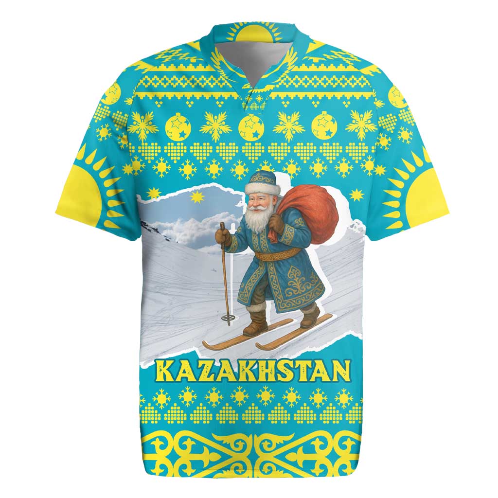 Kazakhstan Christmas Rugby Jersey with Santa Skiing in Traditional Outfit Snow Mountain and Sun Pattern - Wonder Print Shop