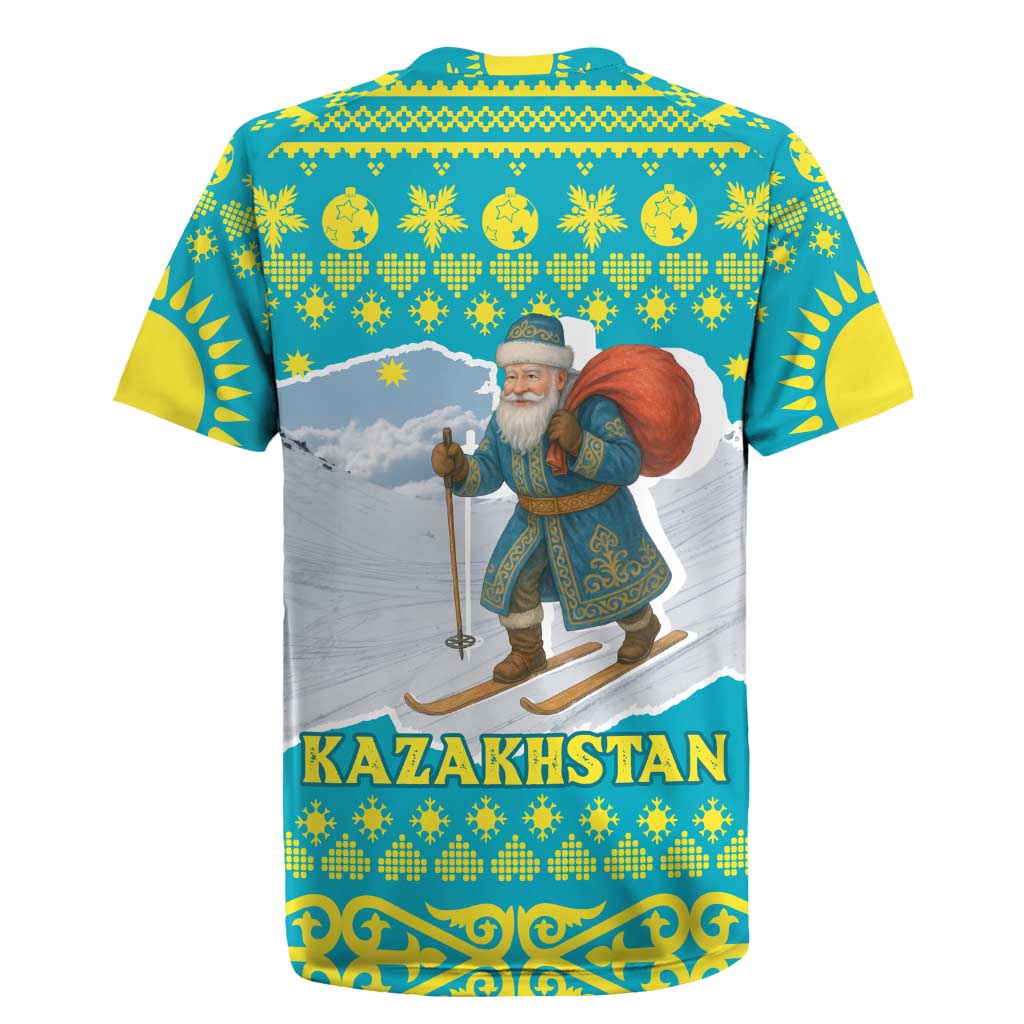 Kazakhstan Christmas Rugby Jersey with Santa Skiing in Traditional Outfit Snow Mountain and Sun Pattern - Wonder Print Shop