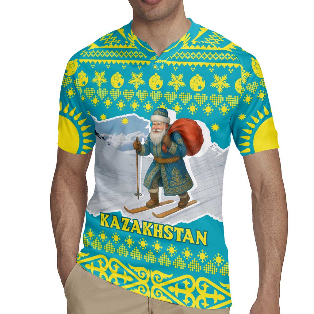 Kazakhstan Christmas Rugby Jersey with Santa Skiing in Traditional Outfit Snow Mountain and Sun Pattern - Wonder Print Shop