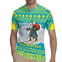 Kazakhstan Christmas Rugby Jersey with Santa Skiing in Traditional Outfit Snow Mountain and Sun Pattern - Wonder Print Shop