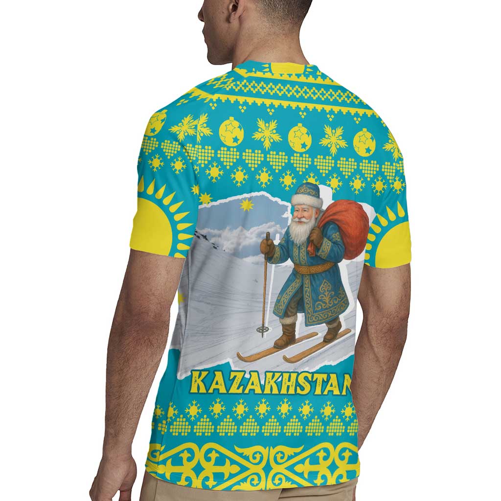 Kazakhstan Christmas Rugby Jersey with Santa Skiing in Traditional Outfit Snow Mountain and Sun Pattern - Wonder Print Shop