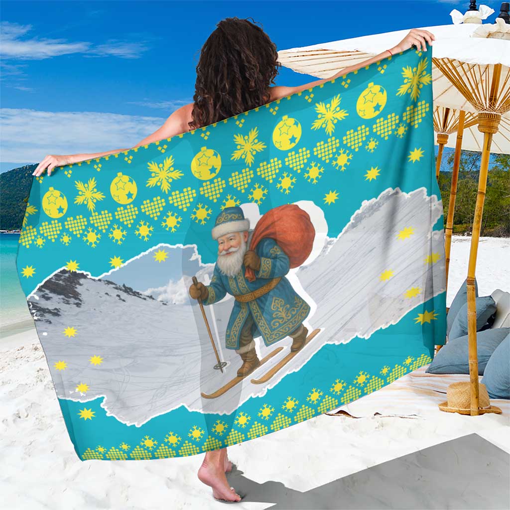Kazakhstan Christmas Sarong with Santa Skiing in Traditional Outfit Snow Mountain and Sun Pattern - Wonder Print Shop