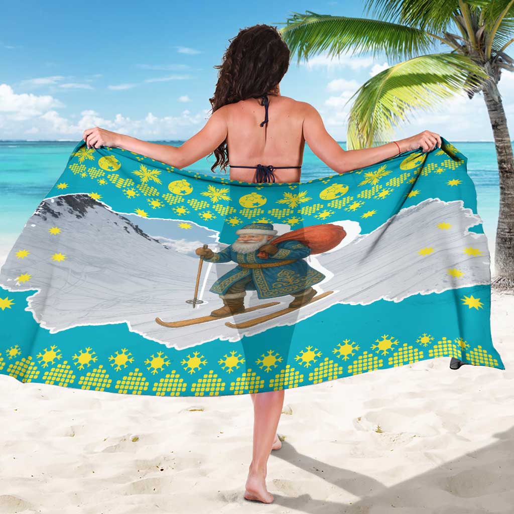 Kazakhstan Christmas Sarong with Santa Skiing in Traditional Outfit Snow Mountain and Sun Pattern - Wonder Print Shop