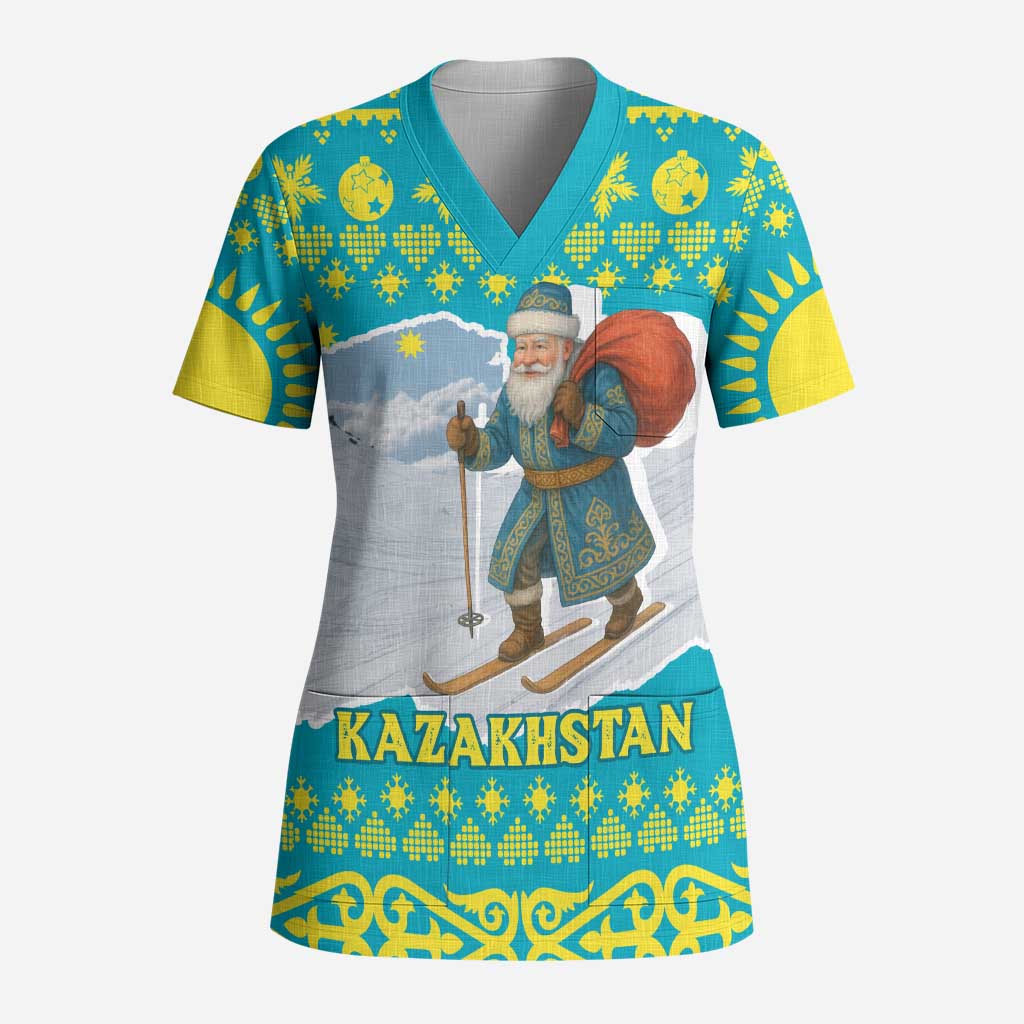 Kazakhstan Christmas Scrub Top with Santa Skiing in Traditional Outfit Snow Mountain and Sun Pattern - Wonder Print Shop