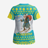 Kazakhstan Christmas Scrub Top with Santa Skiing in Traditional Outfit Snow Mountain and Sun Pattern - Wonder Print Shop