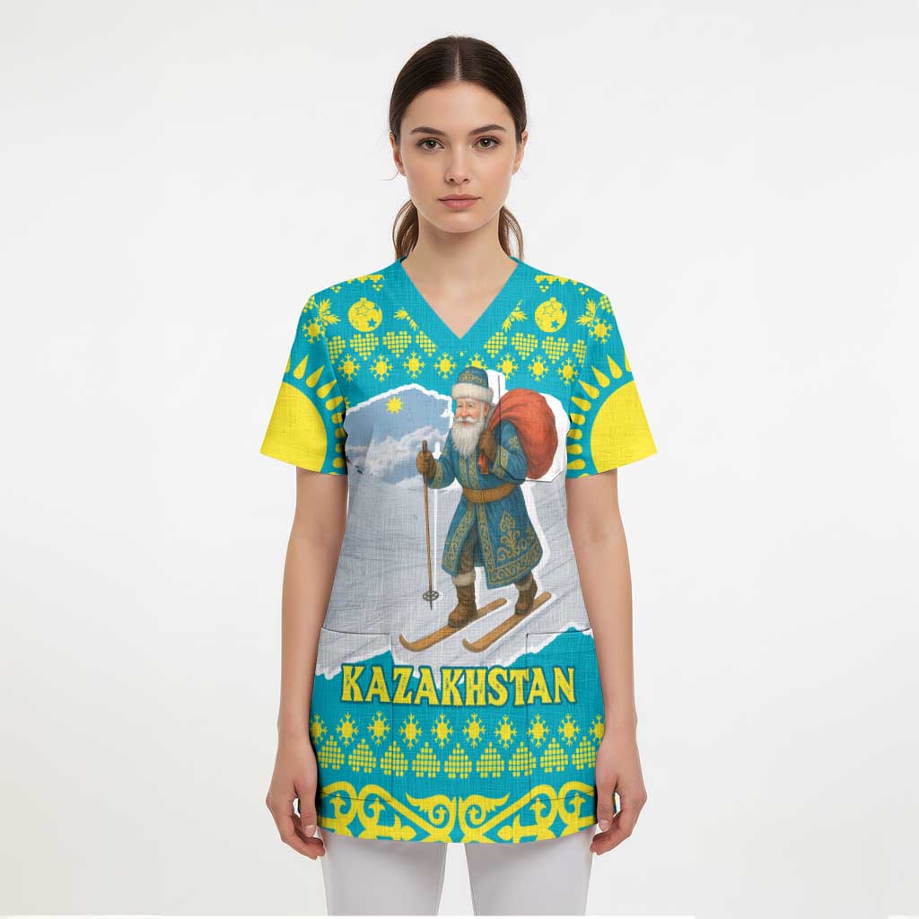 Kazakhstan Christmas Scrub Top with Santa Skiing in Traditional Outfit Snow Mountain and Sun Pattern - Wonder Print Shop